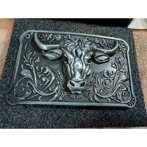 Longhorn Steer Cow Bull Head Buckle for 1.5" Belt Silvertone Black Rodeo Riding